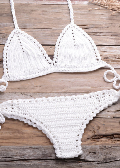 European and American Handmade Blue Hollowed Out Beach Swimwear Set