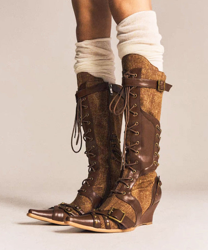 European and American New Brown Strap Zipper Western Cowboy Boots