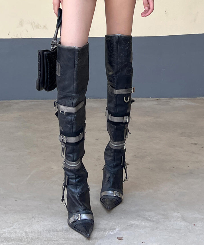 European and American Pointed Belt Buckle High Heeled Boots