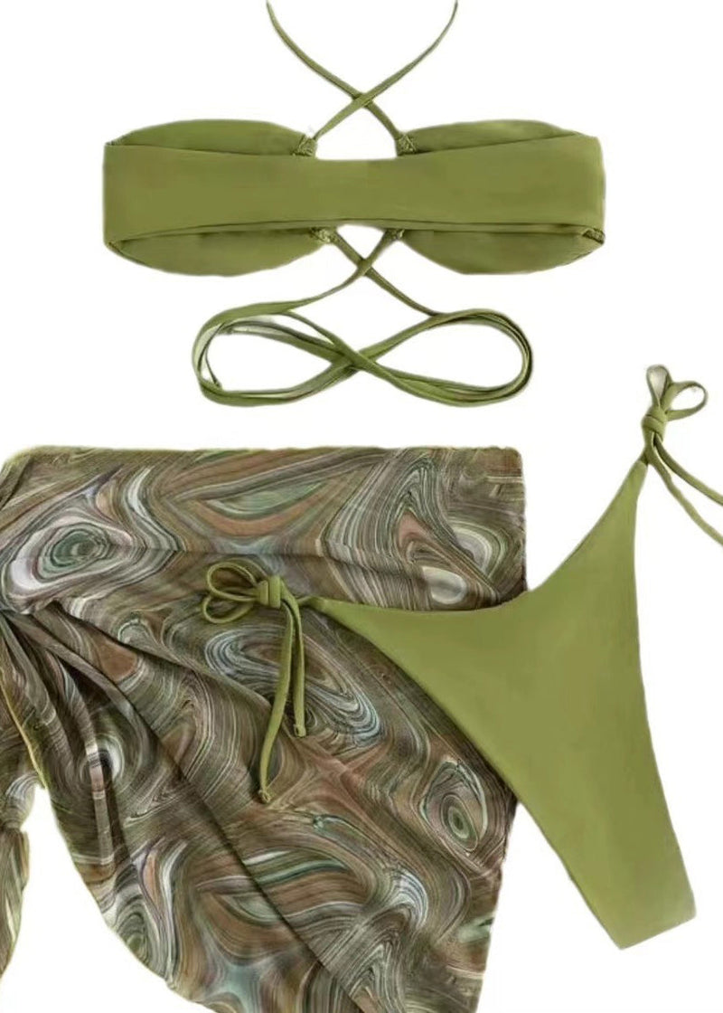 European and American Green Backless Bikini Swimwear Set