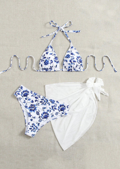European and American Green Print Swimwear Set