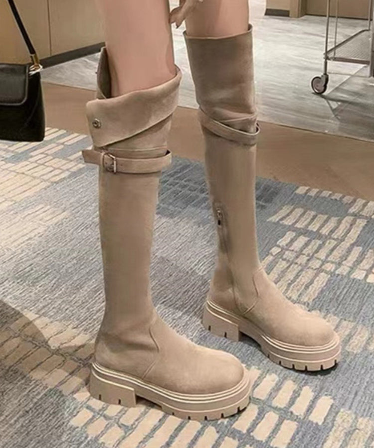 European and American Style Apricot Belt Buckle Platform Boots