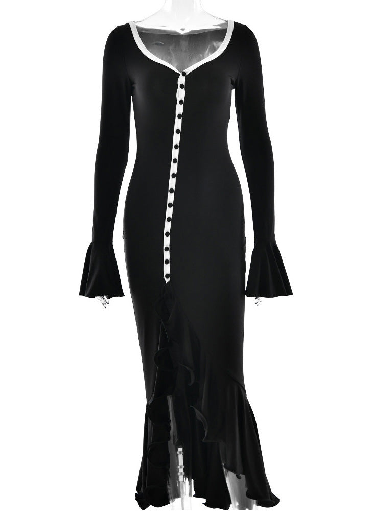 European and American Style Black Ruffled Side Open Cotton Dress Fall