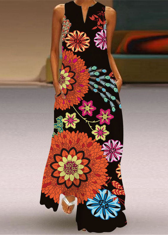 European and American Style Black V Neck Print Chiffon Dresses Sleeveless
