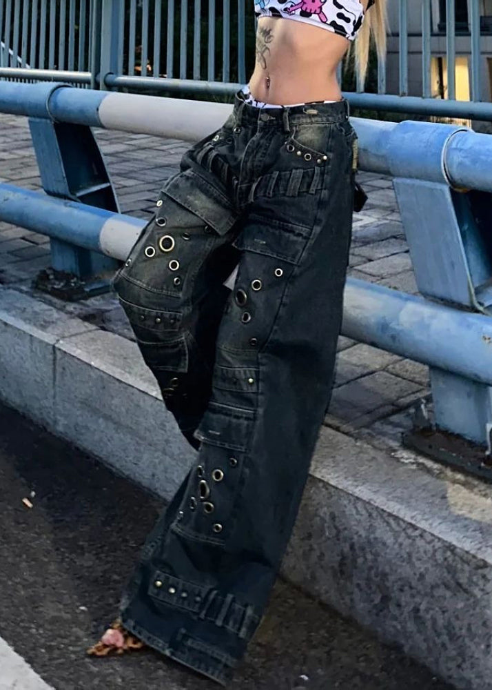European and American Style Blue Rivet Denim Wide Leg Pants Spring