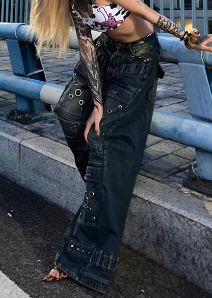 European and American Style Blue Rivet Denim Wide Leg Pants Spring