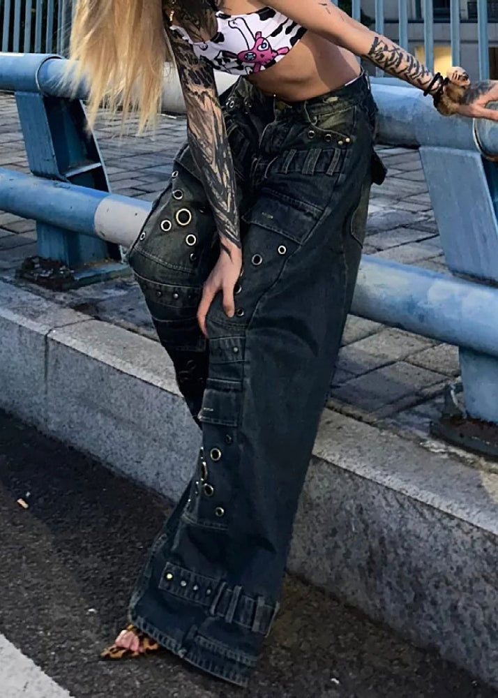 European and American Style Blue Rivet Denim Wide Leg Pants Spring