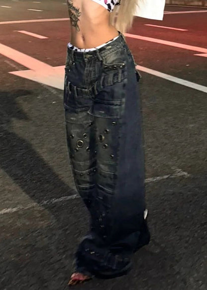 European and American Style Blue Rivet Denim Wide Leg Pants Spring