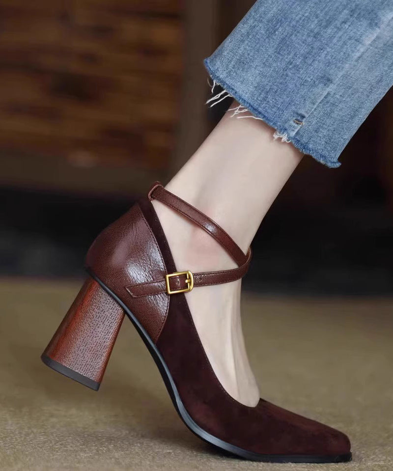 European and American Style Brown Buckle Strap Suede Chunky High Heels