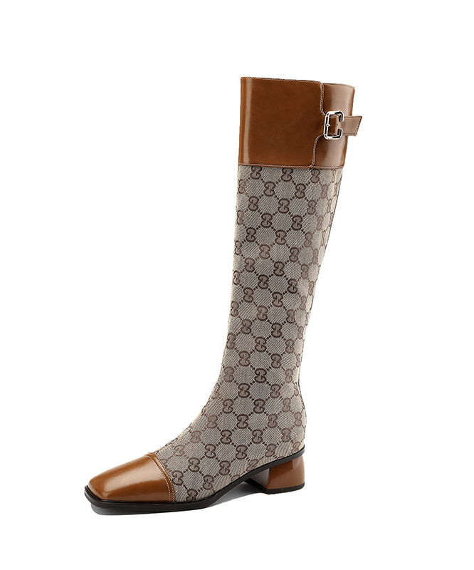European and American Style Brown Splicing Zippered Chunky Long Boots
