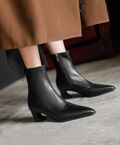 European and American Style Splicing Chunky Boots Black Pointed Toe