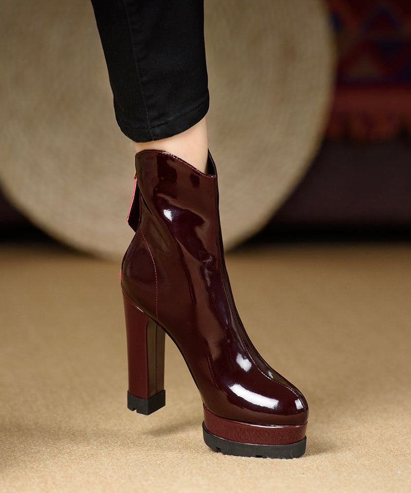 European and American Style High Heel Ankle Boots Black Cowhide Lacquer Leather