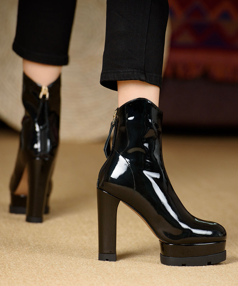 European and American Style High Heel Ankle Boots Black Cowhide Lacquer Leather