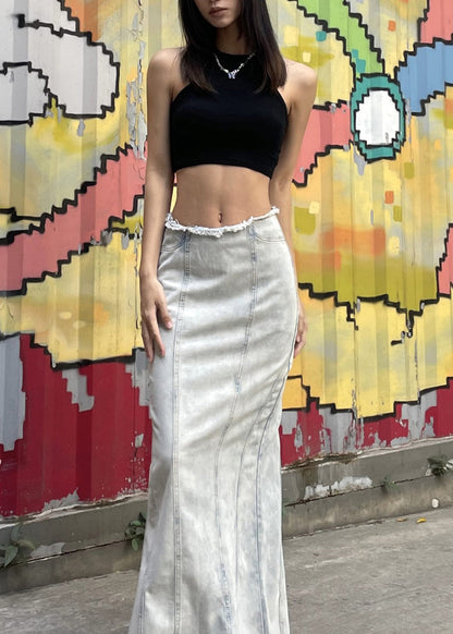 European and American Style Light Blue Denim Maxi Skirts Spring