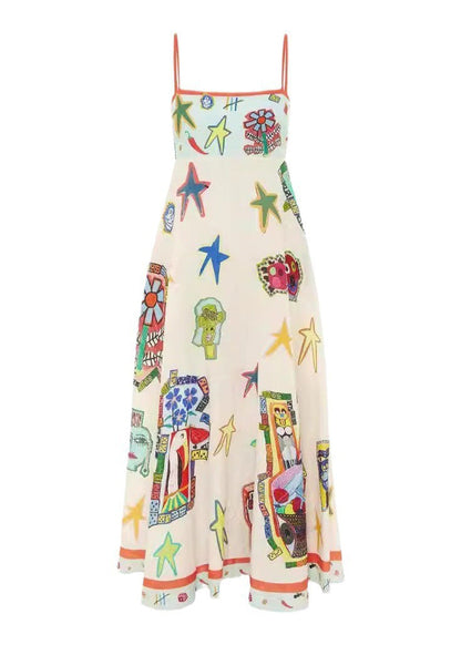 European and American Style Print Cotton Spaghetti Strap Dress Summer
