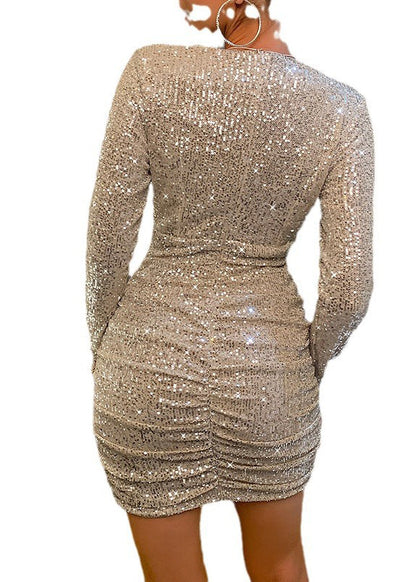European and American Style V Neck Sequins Dress Fall
