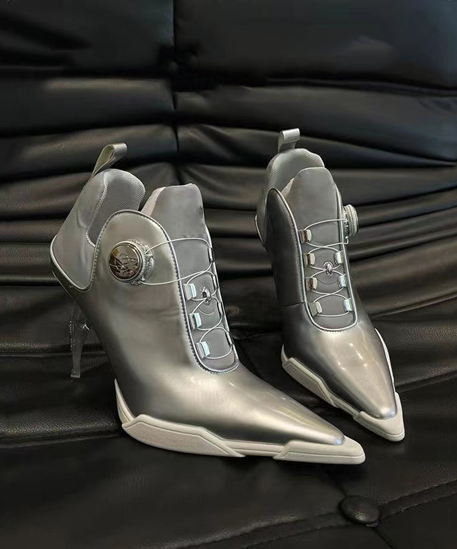 European and American Style Silver Splicing High Heel Boots Pointed Toe