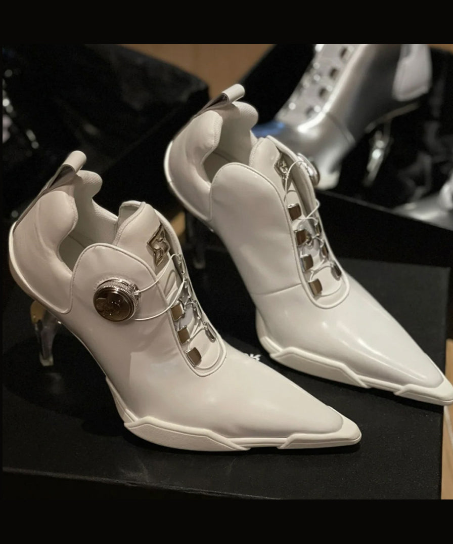 European and American Style Silver Splicing High Heel Boots Pointed Toe