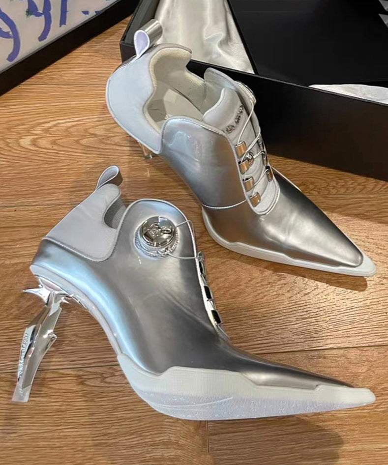 European and American Style Silver Splicing High Heel Boots Pointed Toe