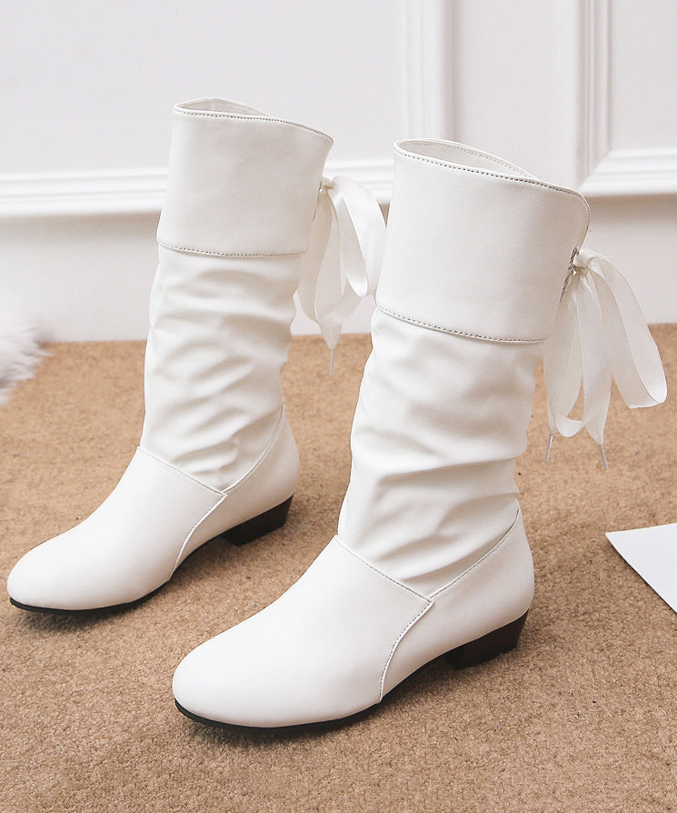 European and American Style White Chunky Lace Up Splicing Boots
