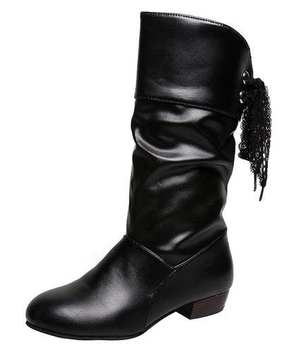 European and American Style White Chunky Lace Up Splicing Boots