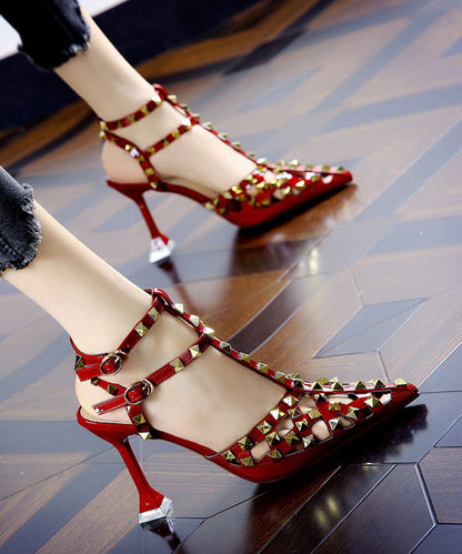 European and American Wine Red Hollow Out Rivet Pointed Stiletto High Heels