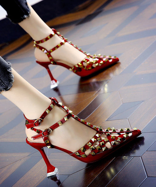 European and American Wine Red Hollow Out Rivet Pointed Stiletto High Heels