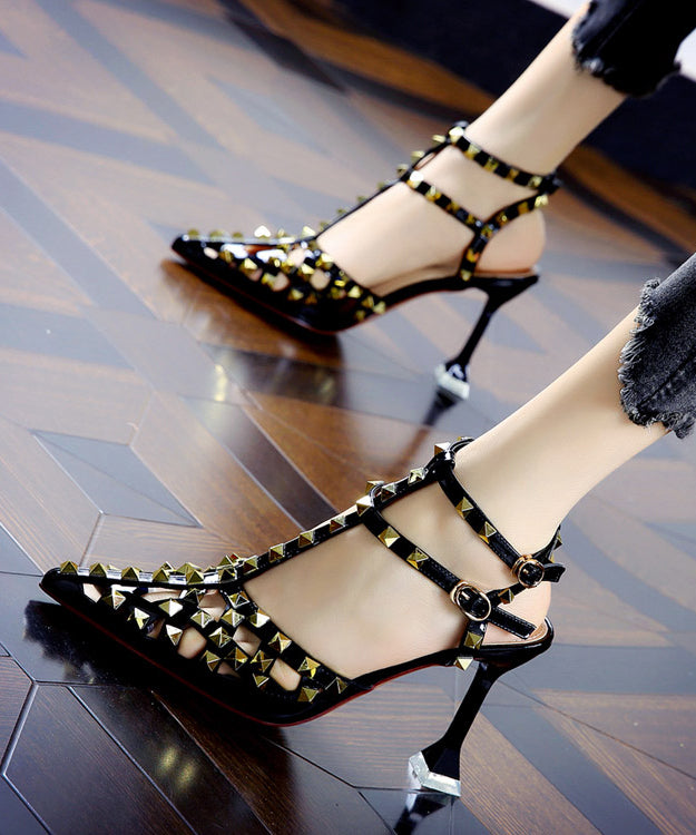 European and American Wine Red Hollow Out Rivet Pointed Stiletto High Heels
