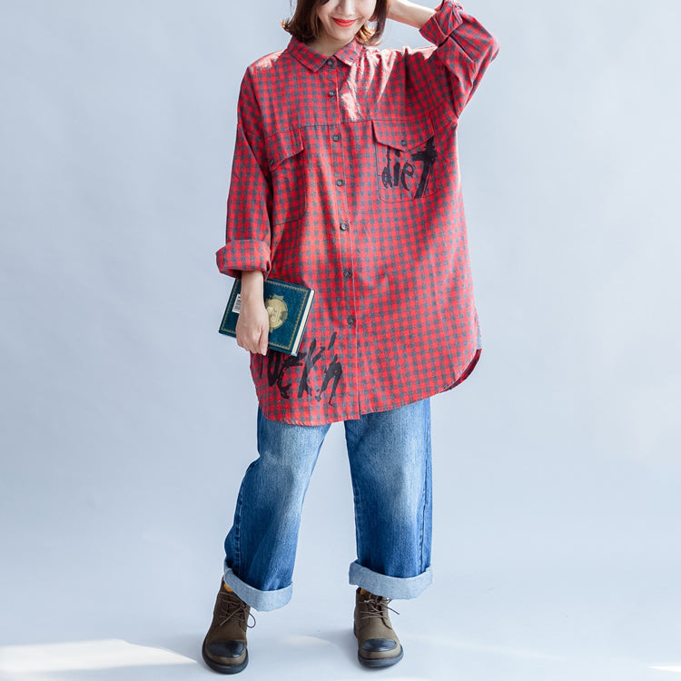 Fall Grid Alphabet Prints Red Cotton Shirts Long Sleeve Tops