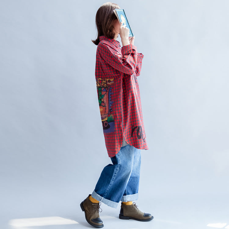 Fall Grid Alphabet Prints Red Cotton Shirts Long Sleeve Tops