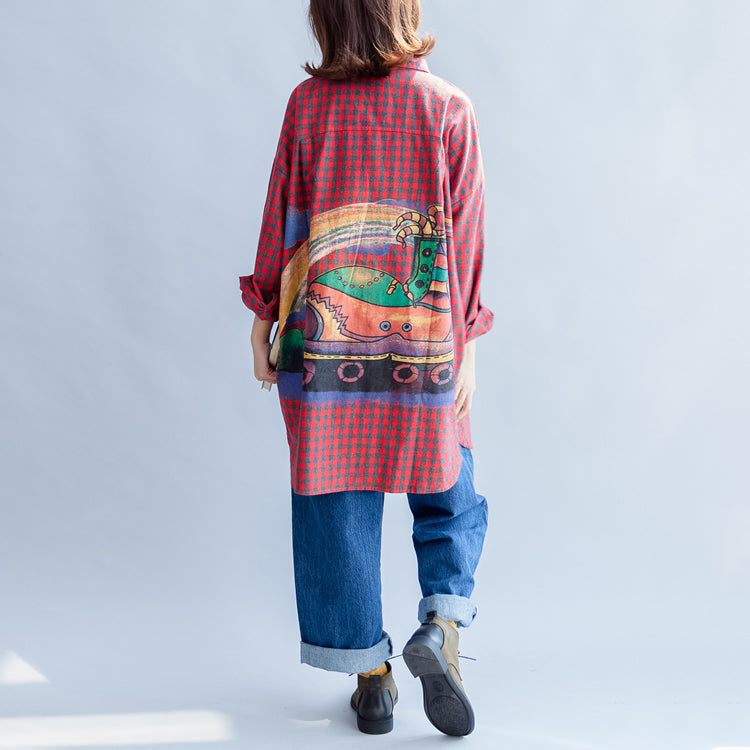 Fall Grid Alphabet Prints Red Cotton Shirts Long Sleeve Tops