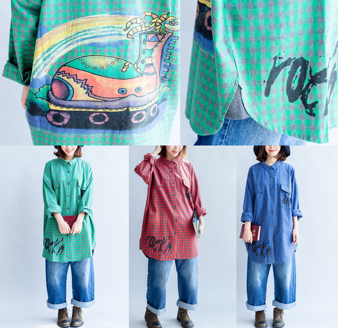 Fall 2025 grid alphabet prints red cotton shirts plus size casual long sleeve tops