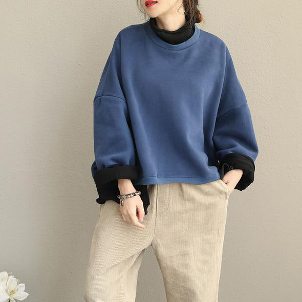 Fall Winter Quilted Blue High Neck Fleece Cotton Tops