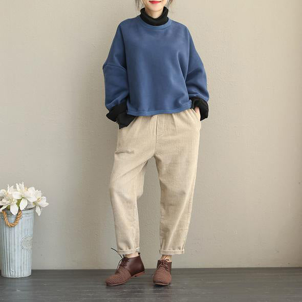 Fall Winter Quilted Blue High Neck Fleece Cotton Tops