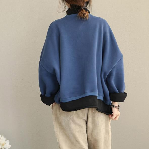Fall Winter Quilted Blue High Neck Fleece Cotton Tops