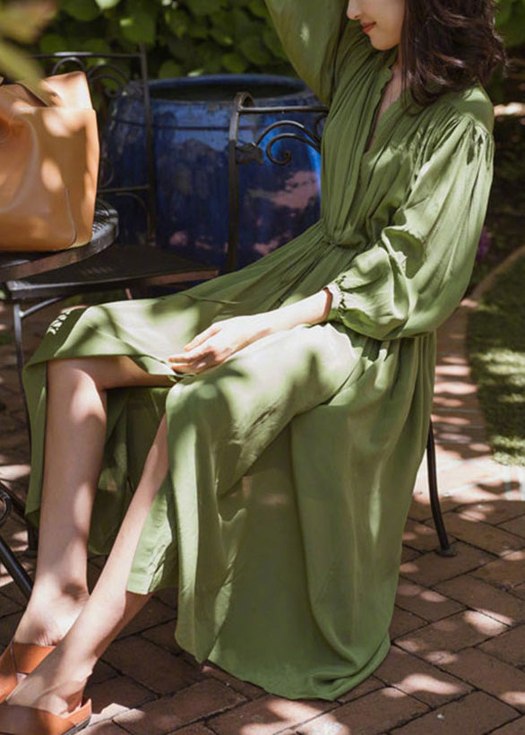 Fashio Green O-neck Cinched Wrinkled Chiffon Maxi Dress Spring