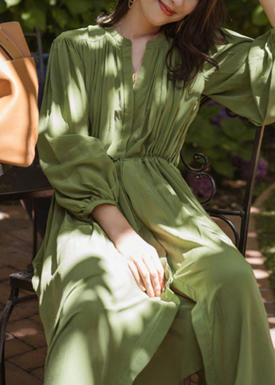 Fashio Green O-neck Cinched Wrinkled Chiffon Maxi Dress Spring