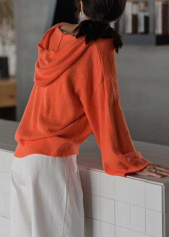 Orange Knitted Blouse Oversized Hooded Drawstring Knitted Tops