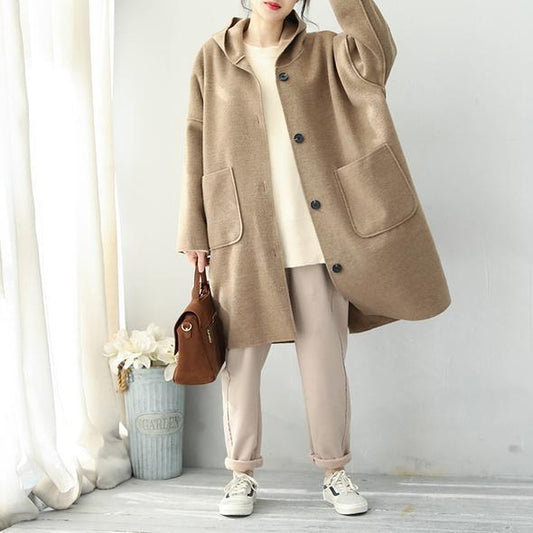 Khaki Simple Hoodie Medium Length Woolen Coat for