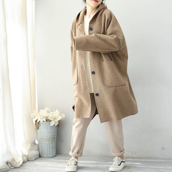 Khaki Simple Hoodie Medium Length Woolen Coat for