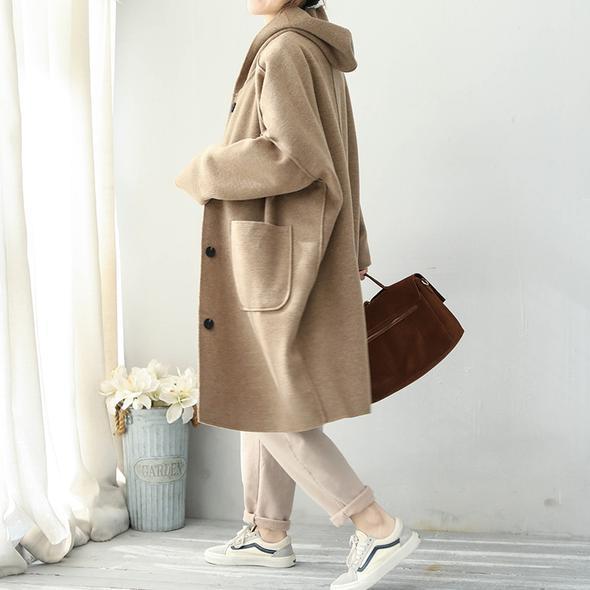 Khaki Simple Hoodie Medium Length Woolen Coat for