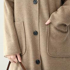 Khaki Simple Hoodie Medium Length Woolen Coat for