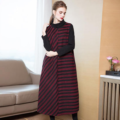 New High Neck Striped a Line Maxi Dresses for