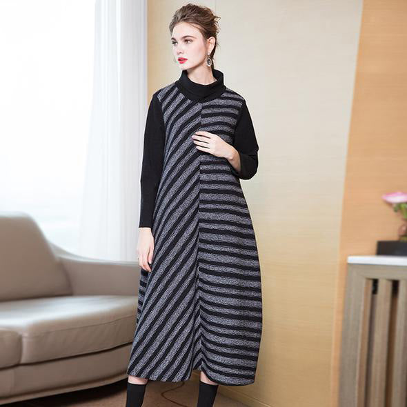 New High Neck Striped a Line Maxi Dresses for
