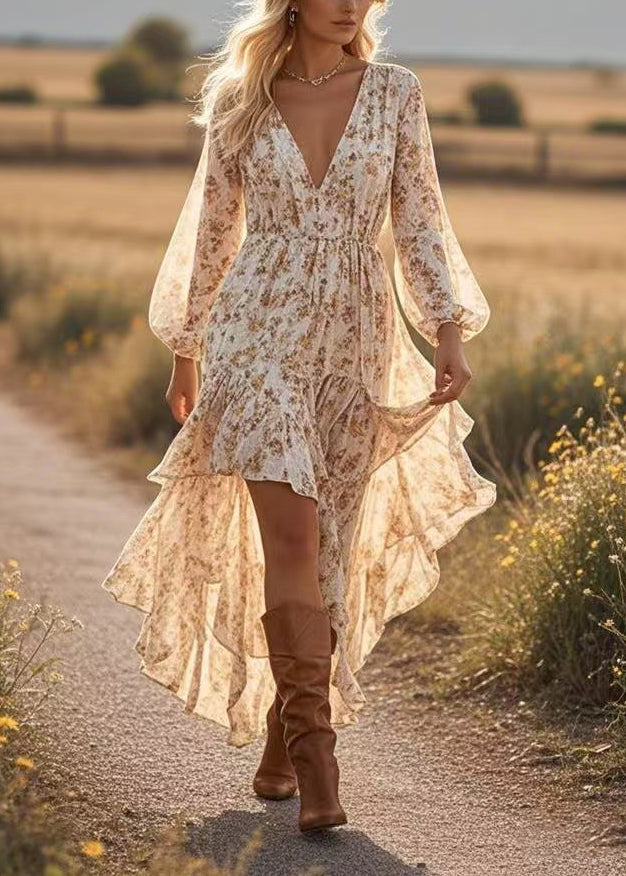 Apricot Asymmetrical Print Cotton Robe Dresses Spring