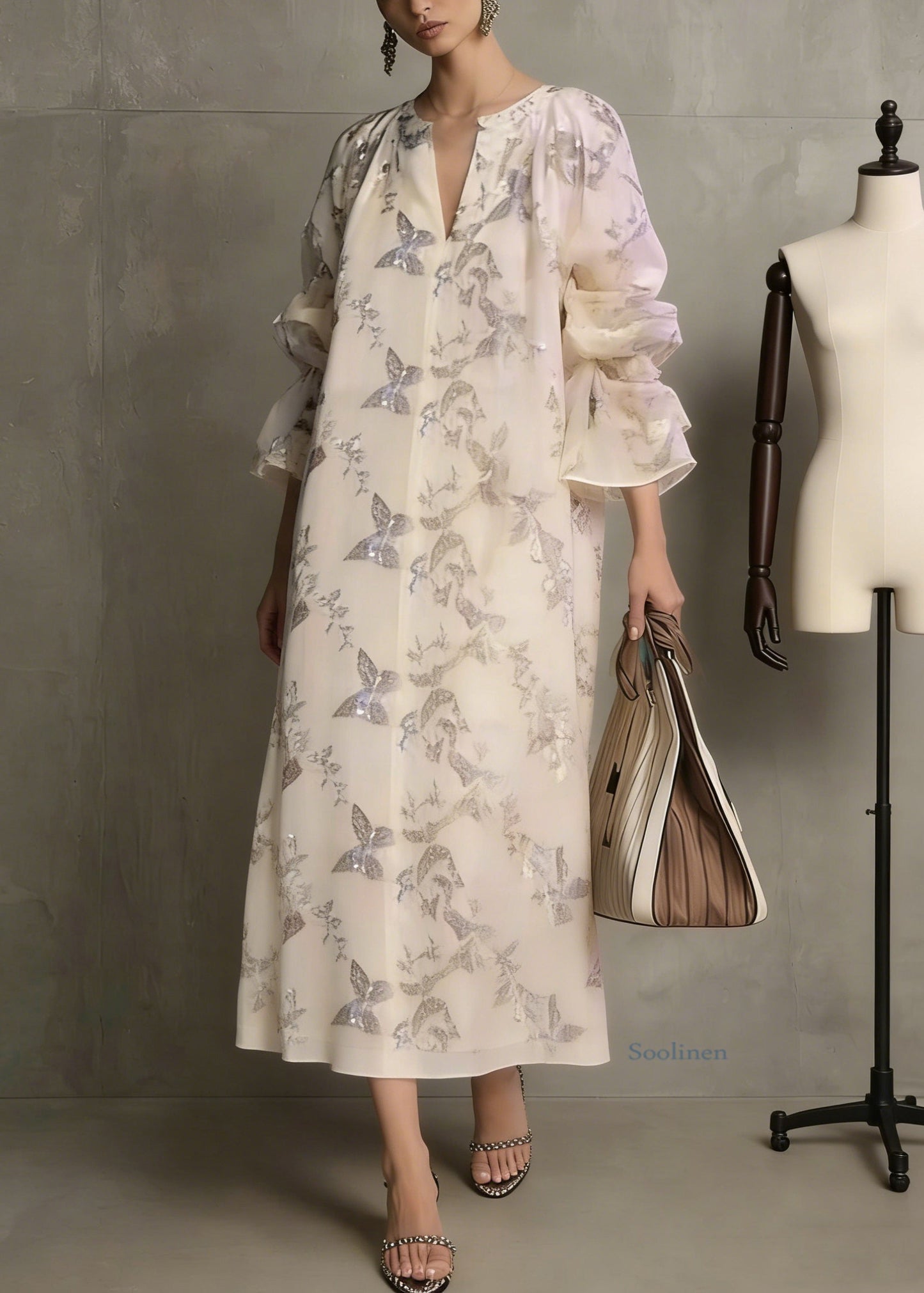 Apricot Butterfly Sequins Cotton Dress Flare Sleeve