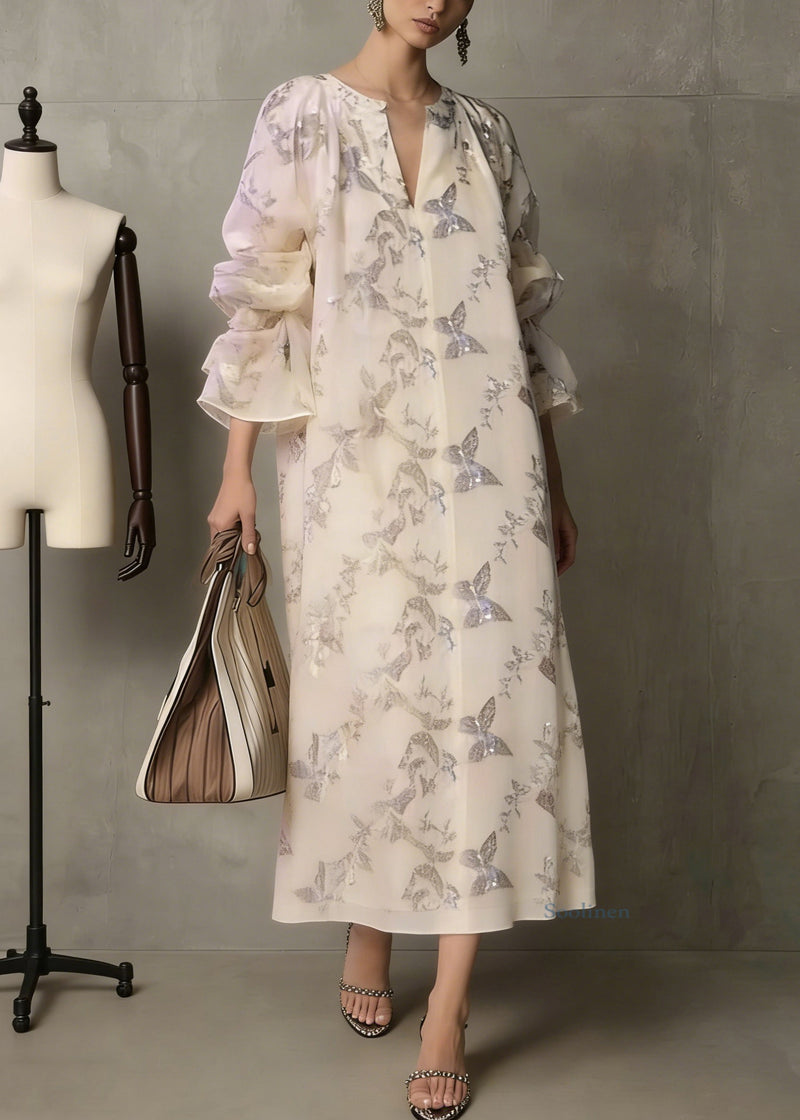 Apricot Butterfly Sequins Cotton Dress Flare Sleeve