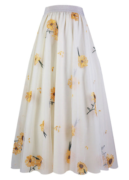 Apricot Embroideried High Waist Tulle Maxi Skirt Spring