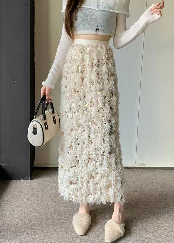 Apricot High Waist Feathers Sequins Skirts Spring