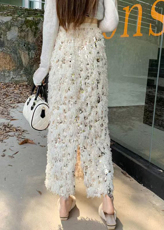 Apricot High Waist Feathers Sequins Skirts Spring